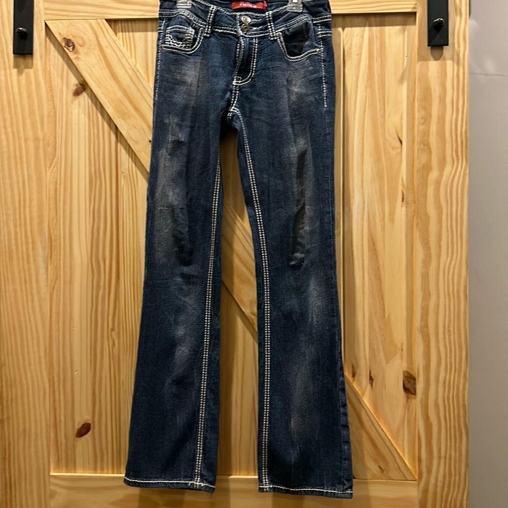 Juniors, Vigold distressed faded jeans. Boot cut, size 0/25
